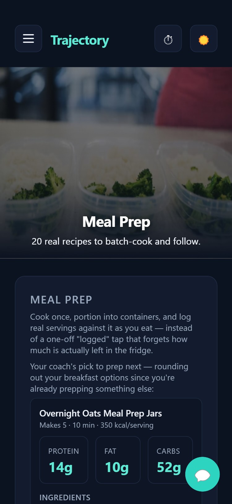 Trajectory's Meal Prep screen — a coach-picked recipe with macros