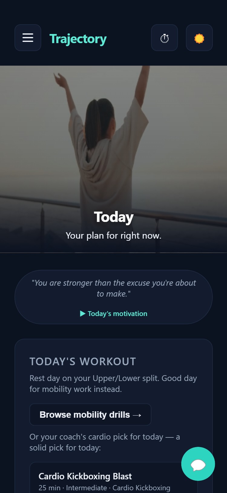 Trajectory's Today screen — coach-picked workout and motivation